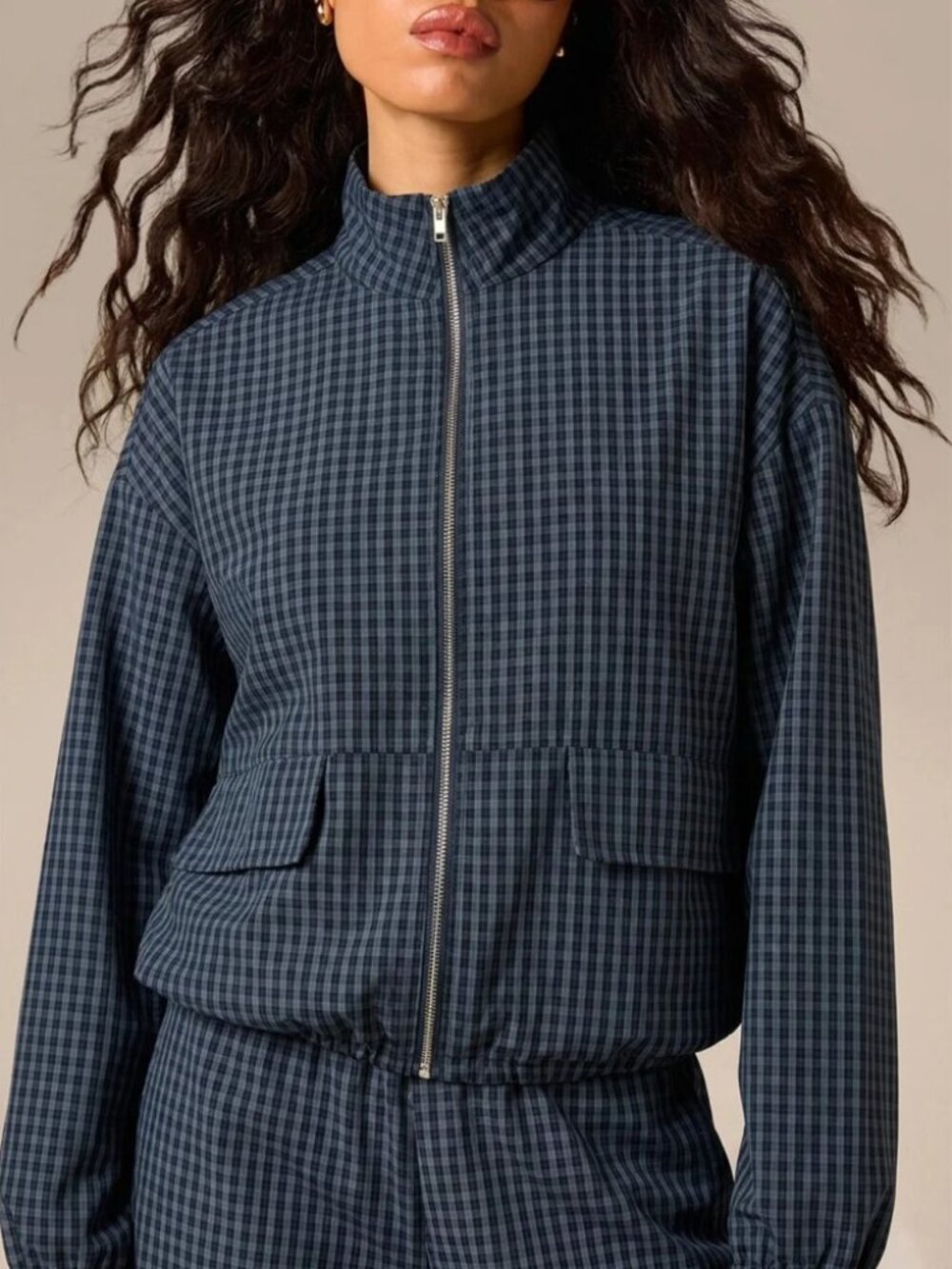 Blue Plaid Zip-Up Bomber Jacket with Flap Pockets